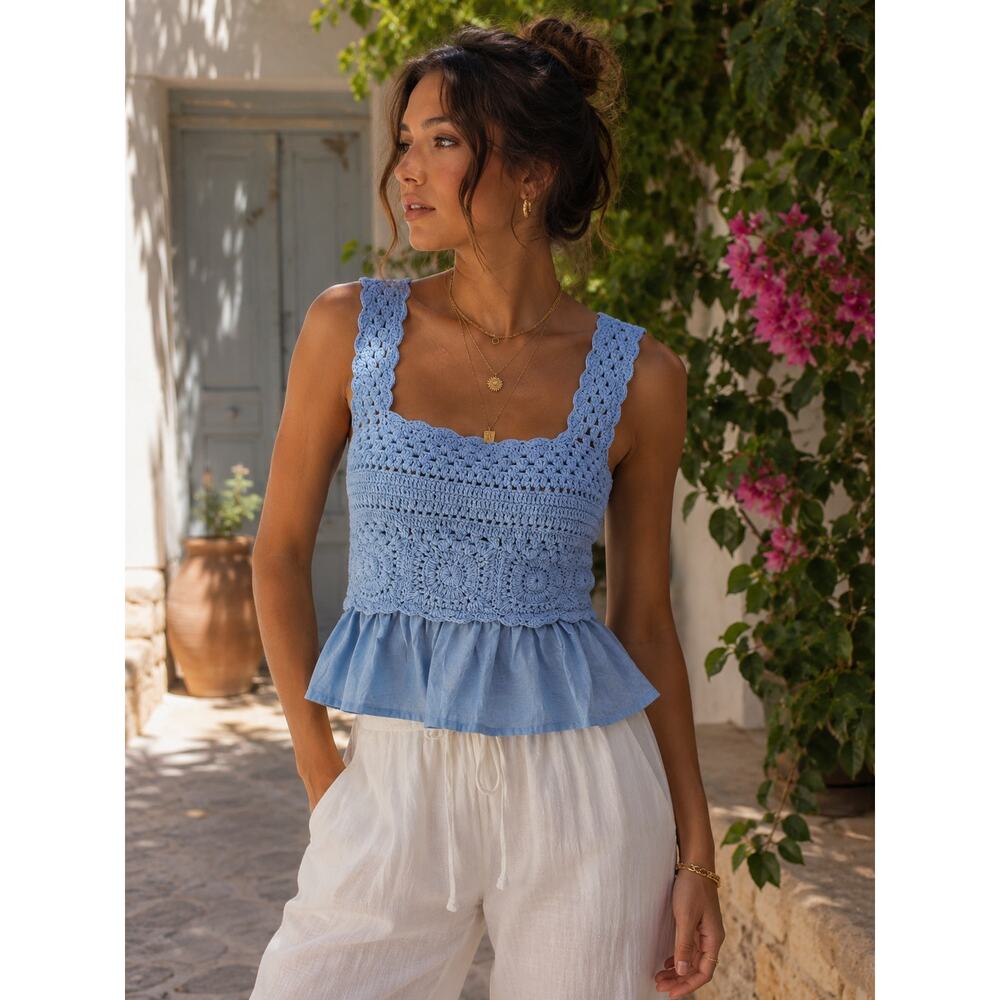 Rebellion Baby Blue Crochet Peplum Tank Boho Coastal Fairycore Top M